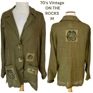 On The Rocks Vintage 70s Linen Jacket M Green Boho Block Print Button Up Shacket